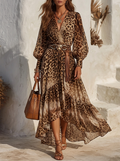 Leopard Print Wrap V-Neck Ruffle Maxi Dress