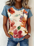 Denim Trim Watercolor Floral Short Sleeve Top
