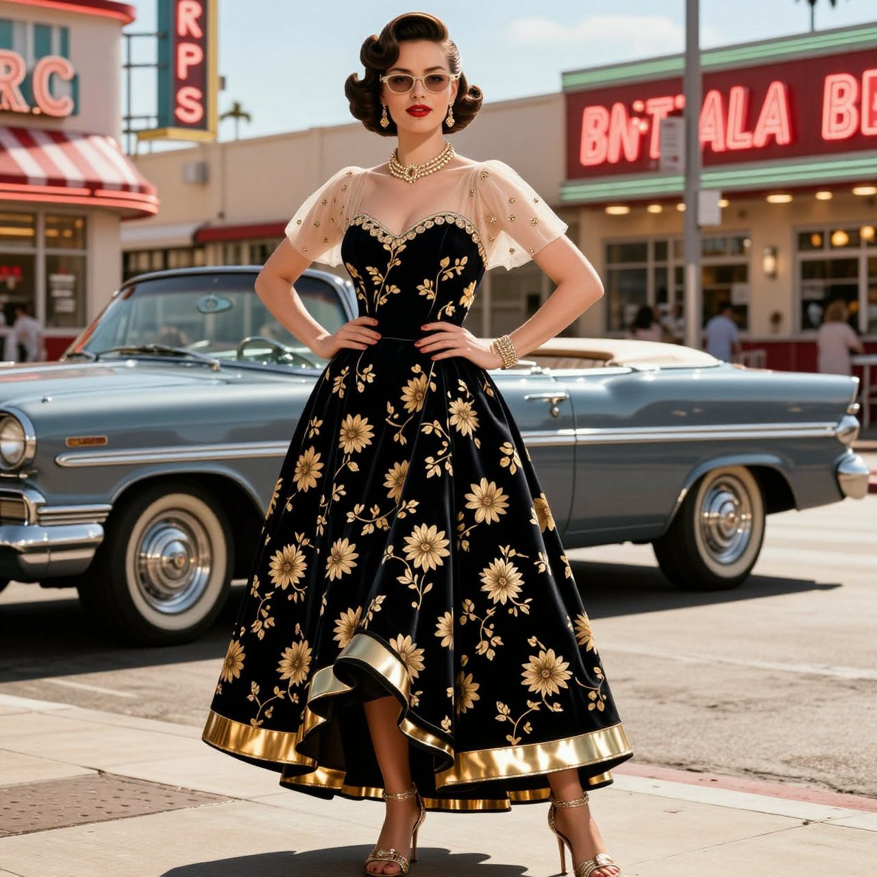Gold Floral Velvet Midi Dress With Sheer Sleeves