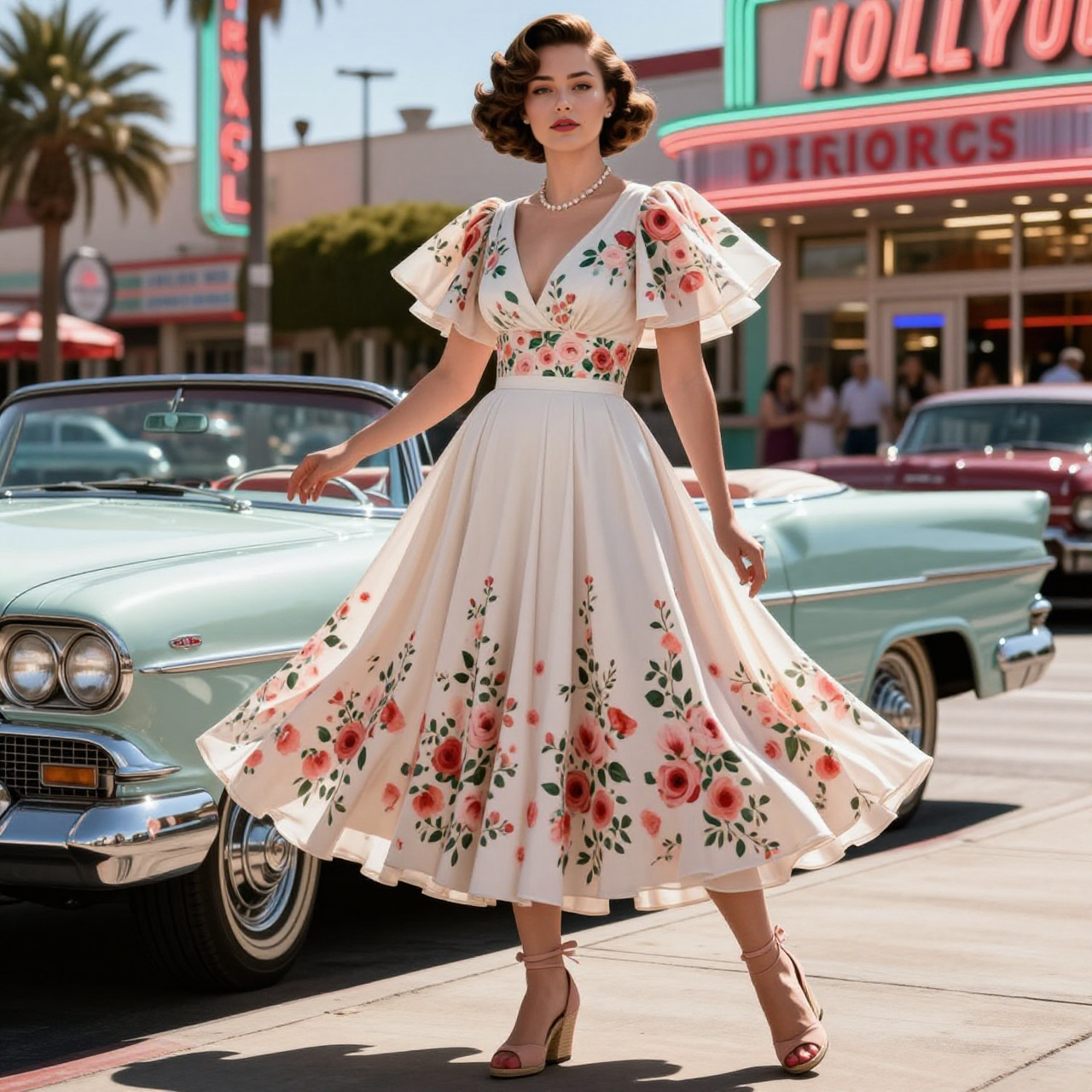 Floral Print Flutter Sleeve V-Neck Midi Dress