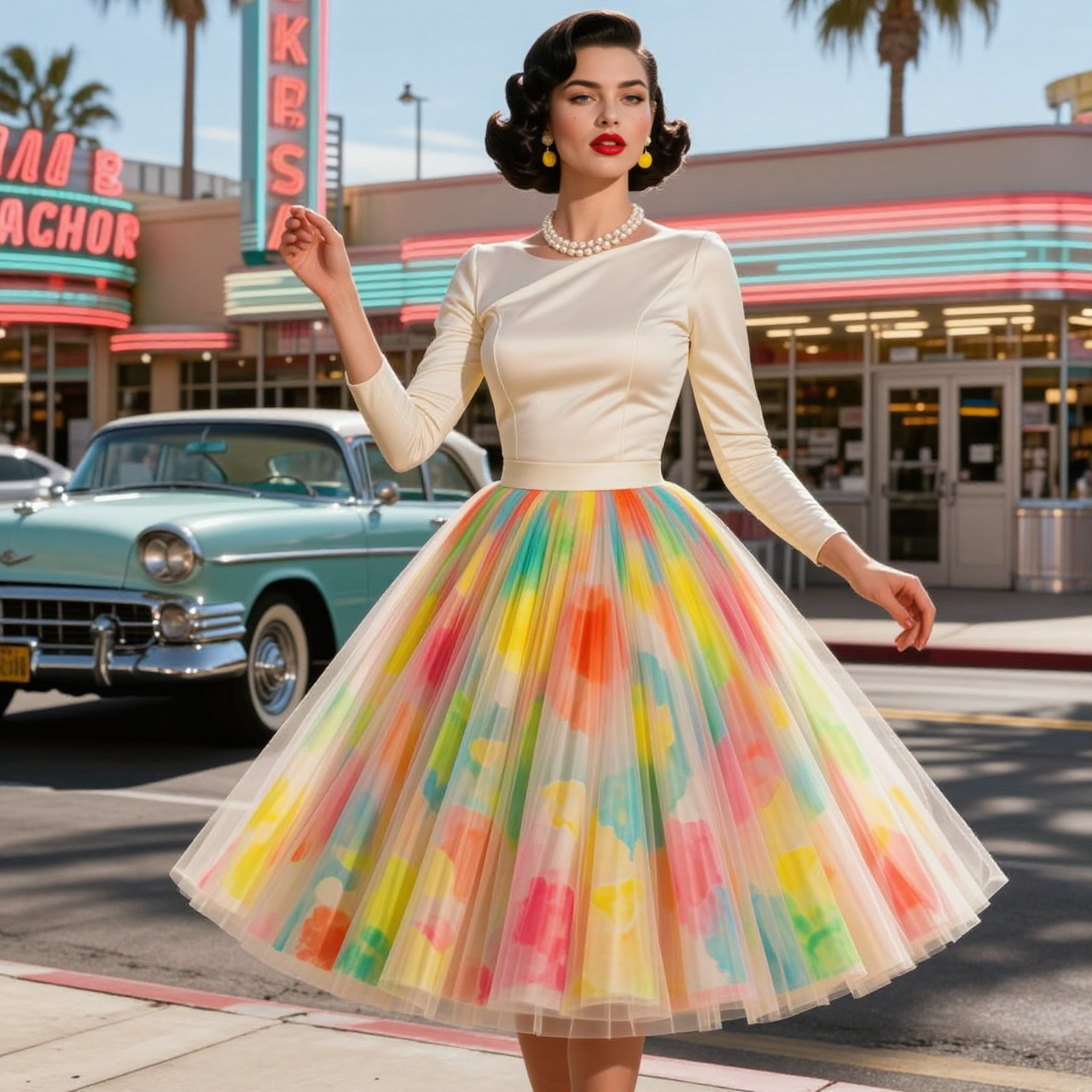 Rainbow Tulle Skirt Satin Midi Dress