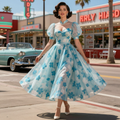 Puff Sleeve Floral Sheer Tulle Midi Dress