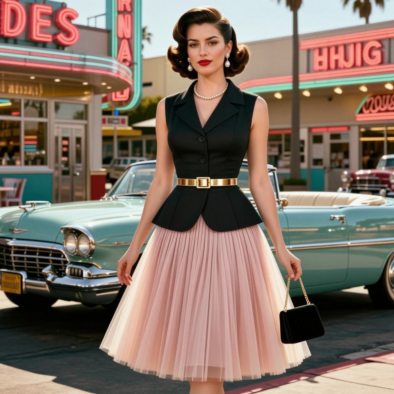 Black Vest And Pink Tulle Pleated Skirt With Gold Belt