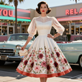 Lace Sleeve Floral Rose Print Midi Dress