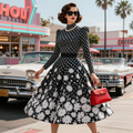 High Neck Polka Dot And Daisy Print Midi Dress