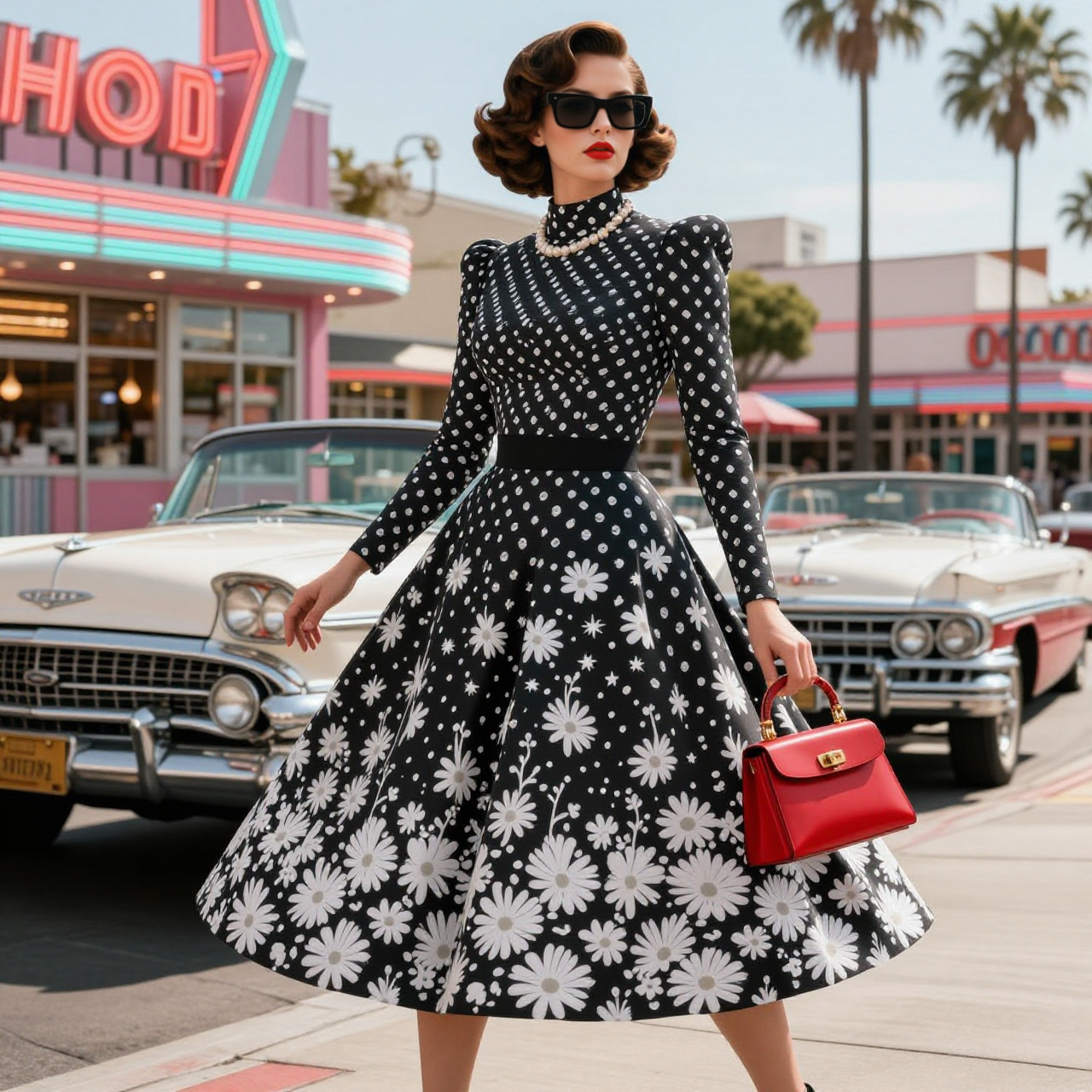 High Neck Polka Dot And Daisy Print Midi Dress