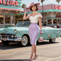 Off Shoulder Top And Lavender Pencil Skirt With Hat
