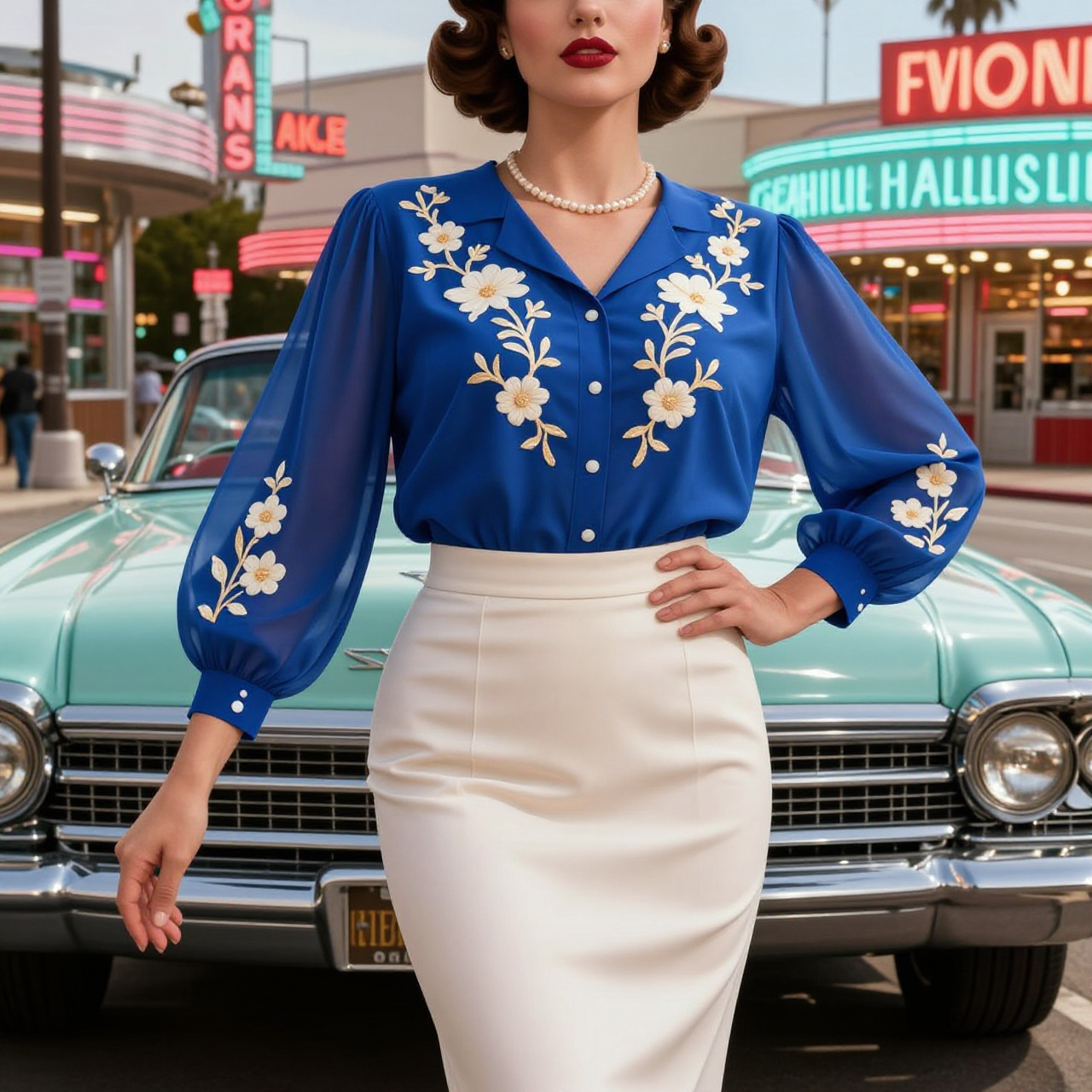 Embroidered Floral Puff Sleeve Blouse And White Pencil Skirt Set