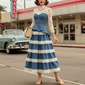 Denim Lace Tiered Maxi Dress