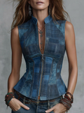 Patchwork Denim Zip-Front Corset Vest