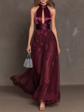 Halter Satin Floral Lace Tulle Gown