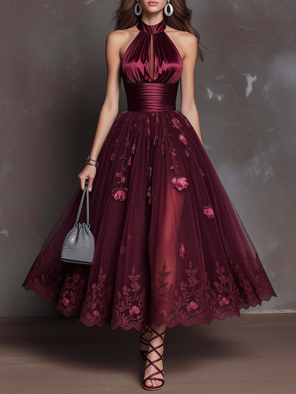 Halter Satin Floral Tulle Midi Gown