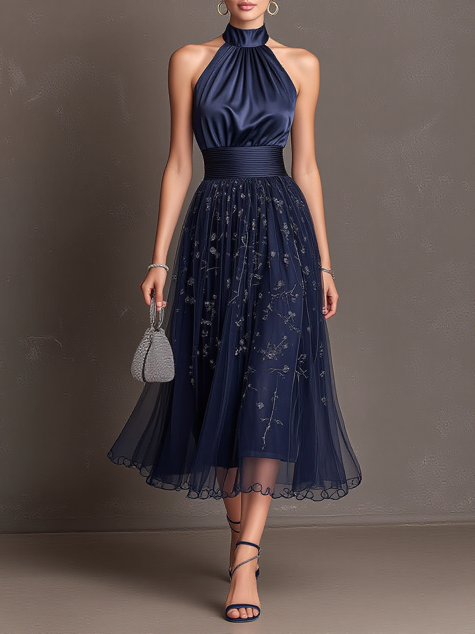 Halter Satin Floral Embroidered Tulle Midi Dress
