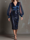 Surplice V-Neck Sequin Rose Satin Midi Dress