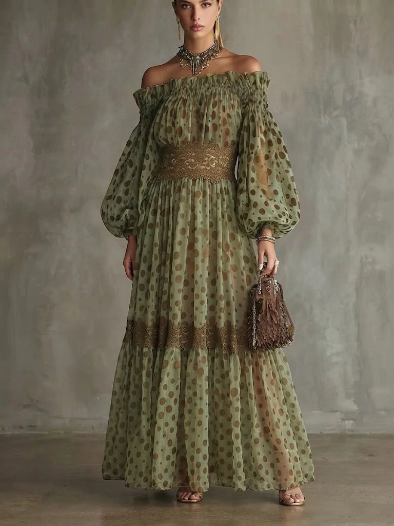 Off Shoulder Polka Dot Lace Waist Maxi Dress