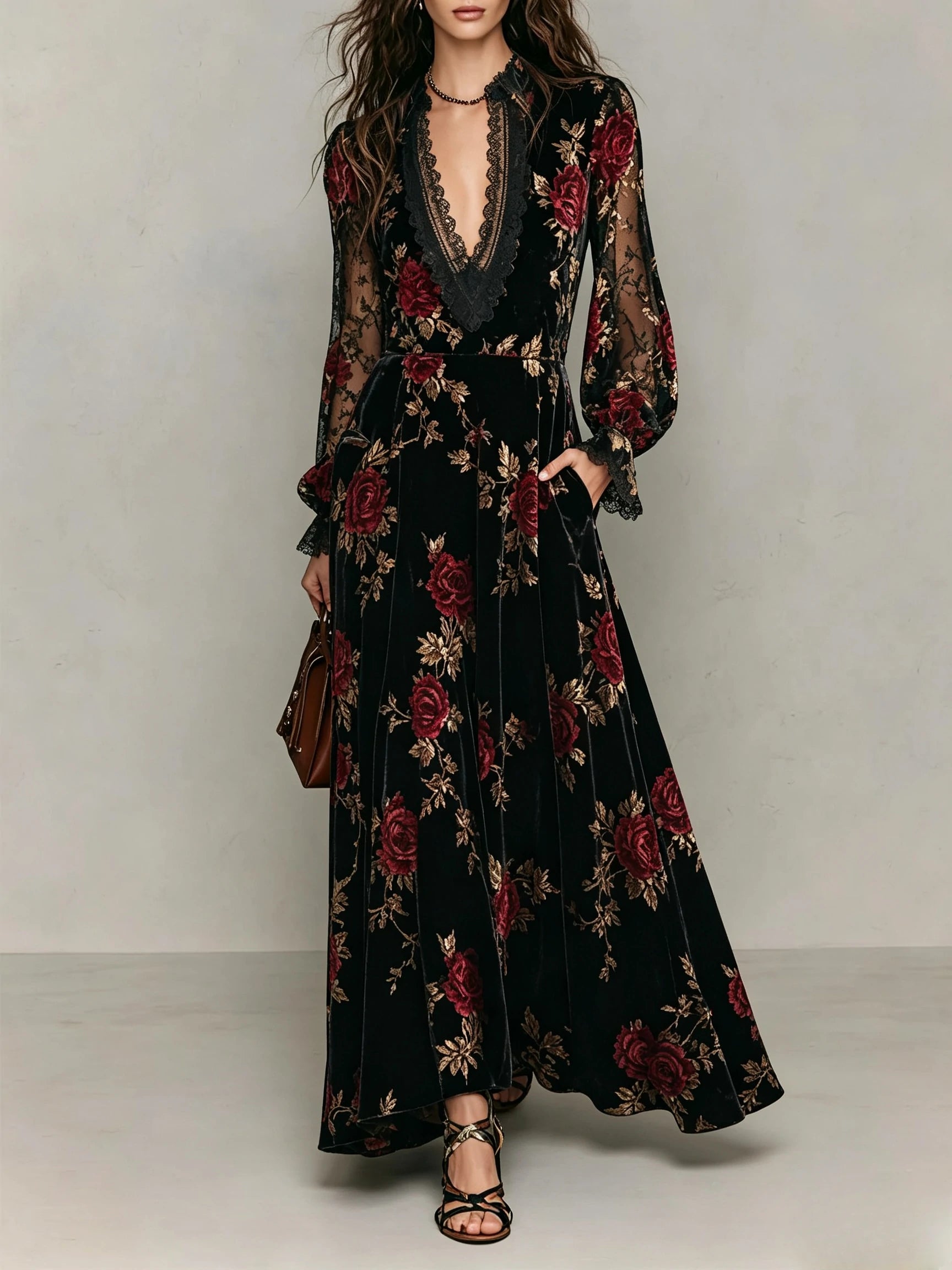 Velvet Rose Print Deep V Lace Maxi Dress