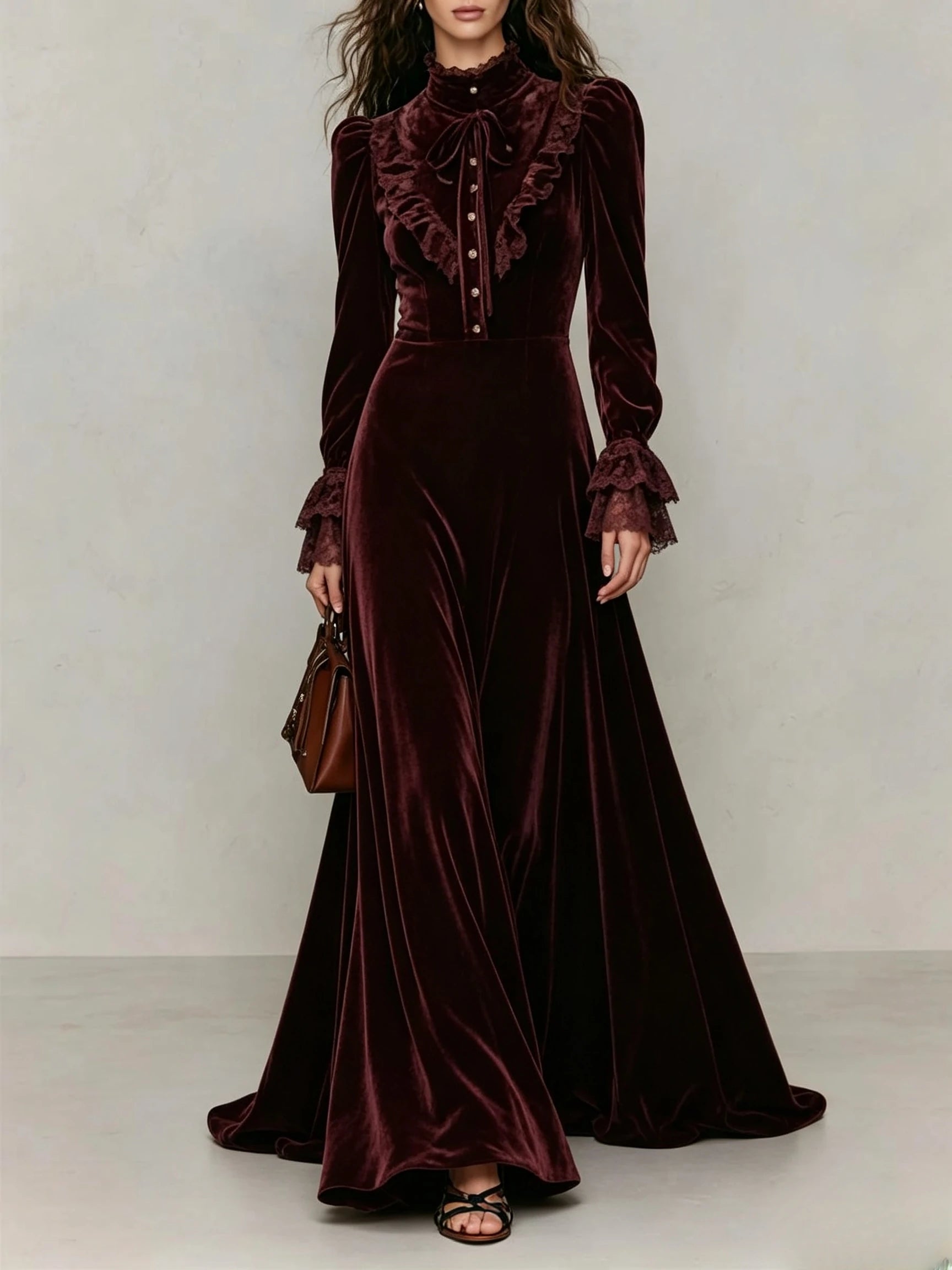 Velvet High Neck Bow Victorian Maxi Dress