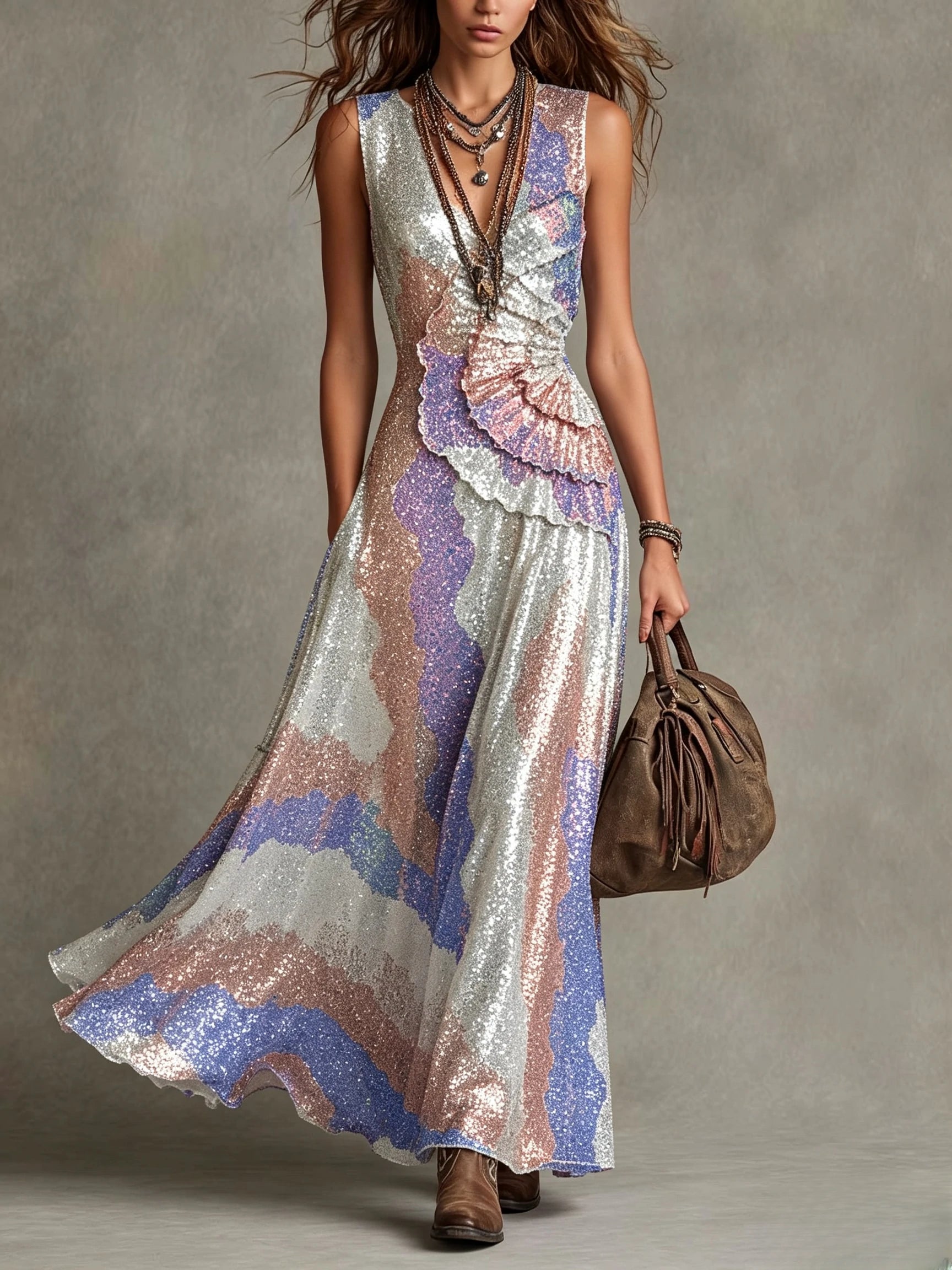 Sequin Wavy V-Neck Sleeveless Maxi Dress
