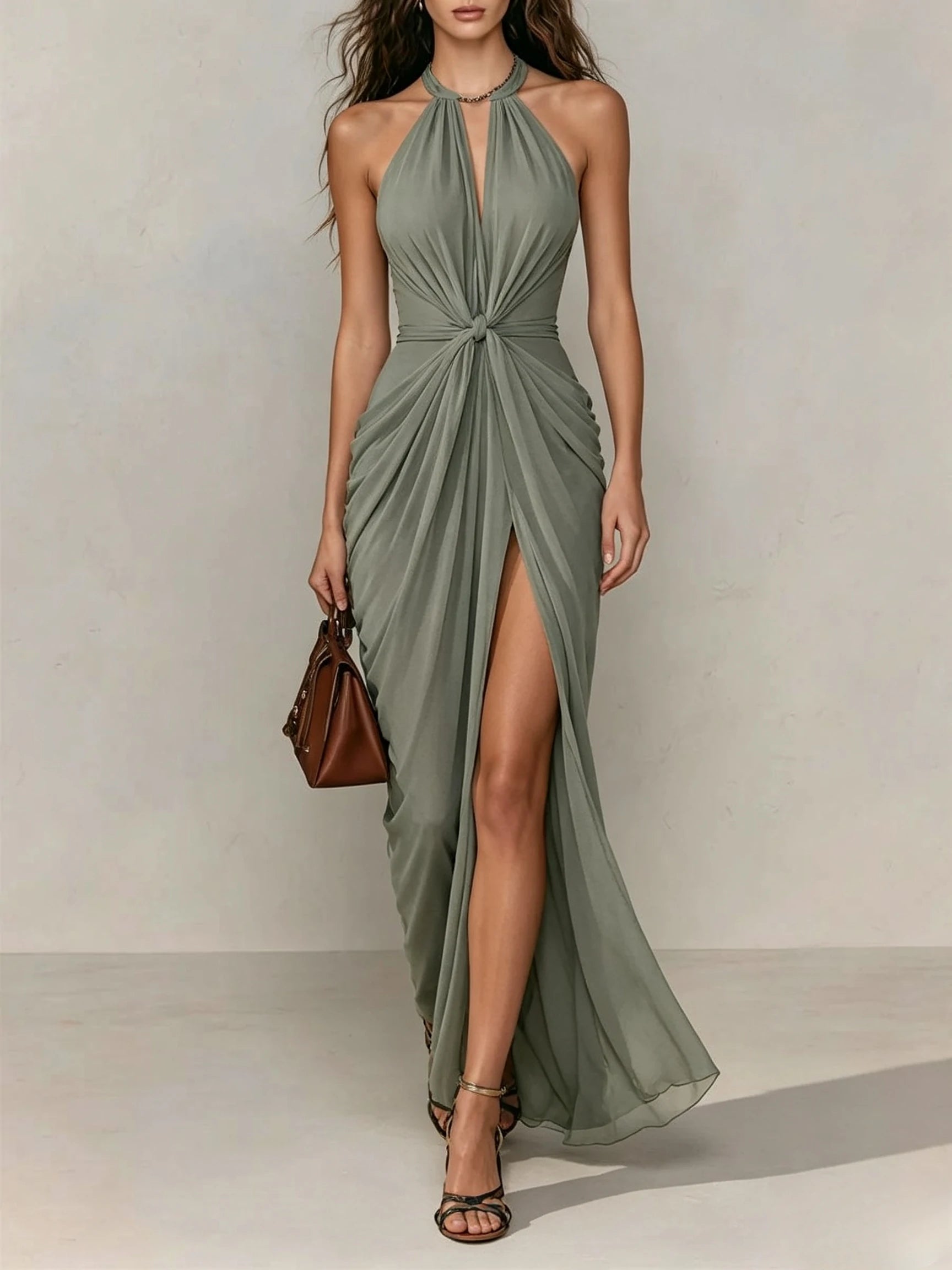 Halter Neck Twist Front Slit Maxi Dress