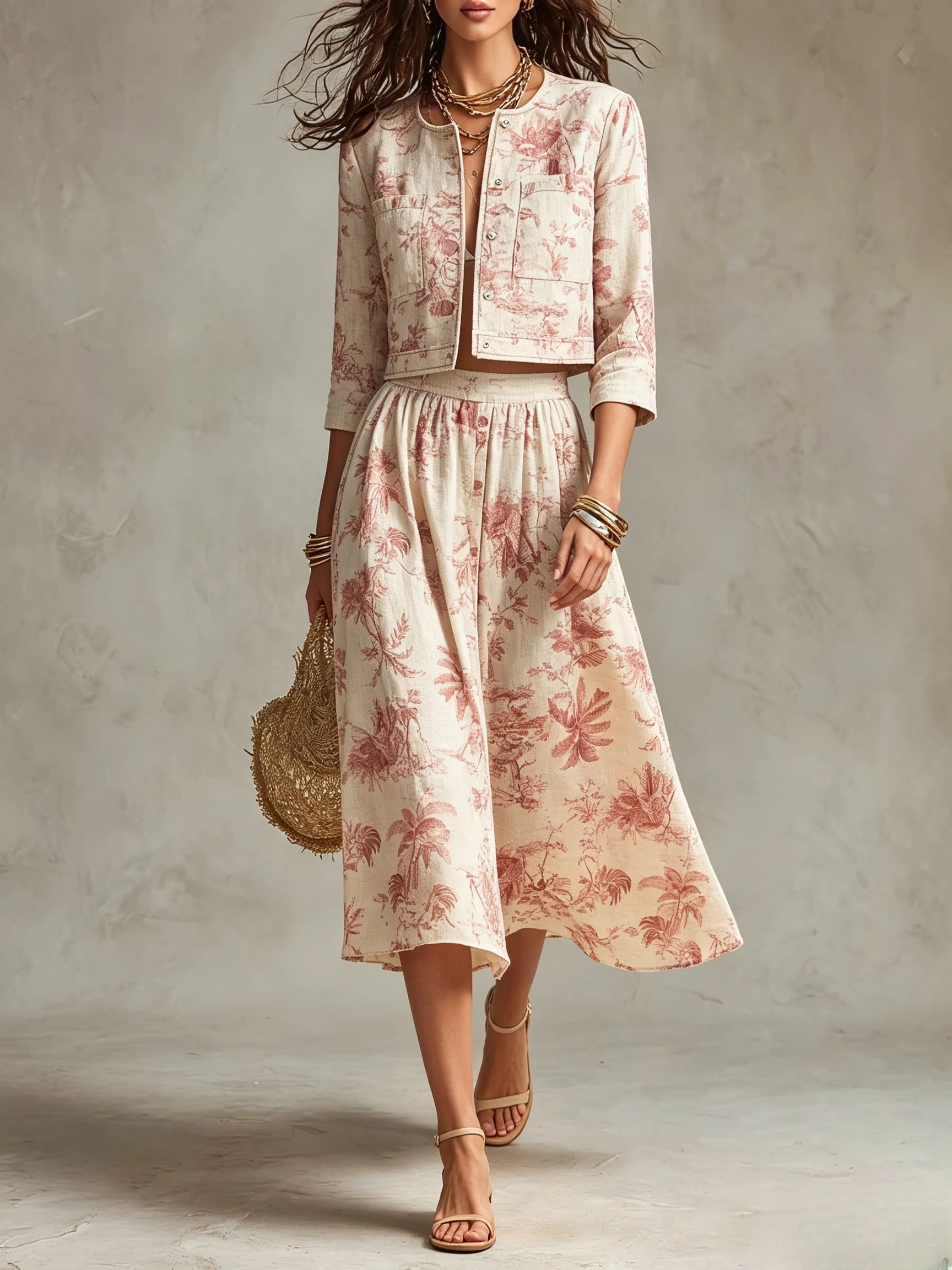 Floral Print Cropped Jacket & Midi Skirt Set