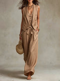 Sleeveless Blazer Vest & Wide Leg Pants Set
