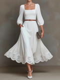 Square Neck Puff Sleeve Lace Hem Midi Dress