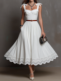 Bow Strap Square Neck Lace Hem Midi Dress