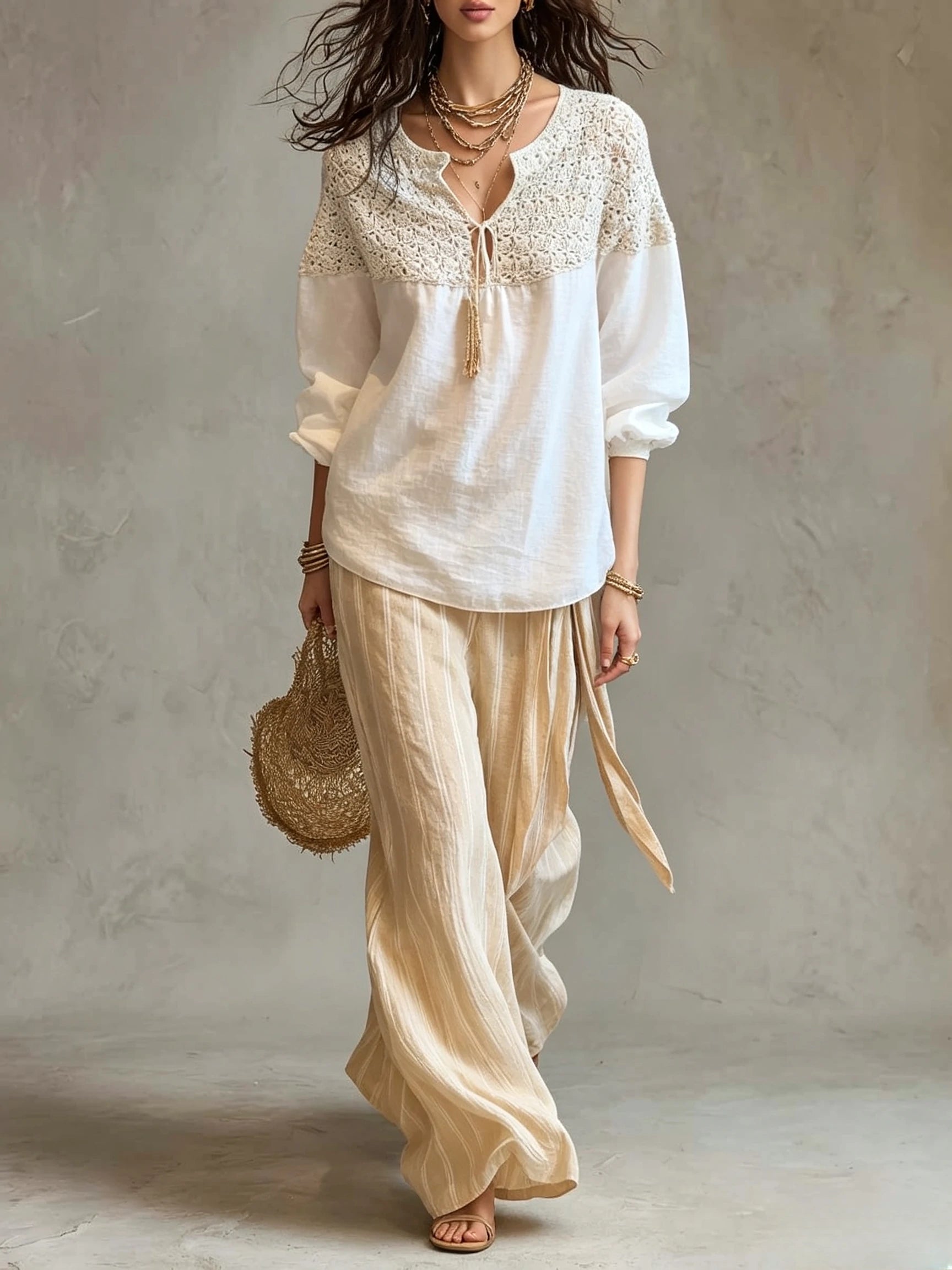 Crochet Panel Tie Neck Blouse And Striped Pants Set