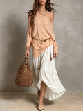 Studded Asymmetric Knit Top And Layered Maxi Skirt Set