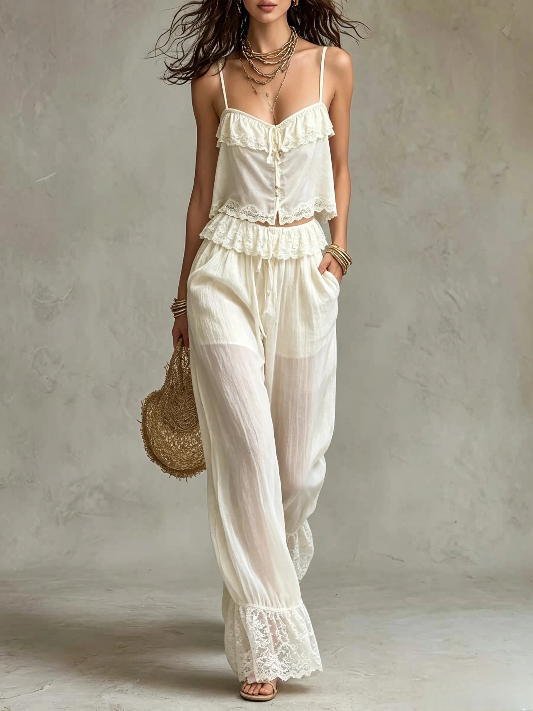Ruffle Trim Cami Top And Lace Hem Wide Leg Pants Set