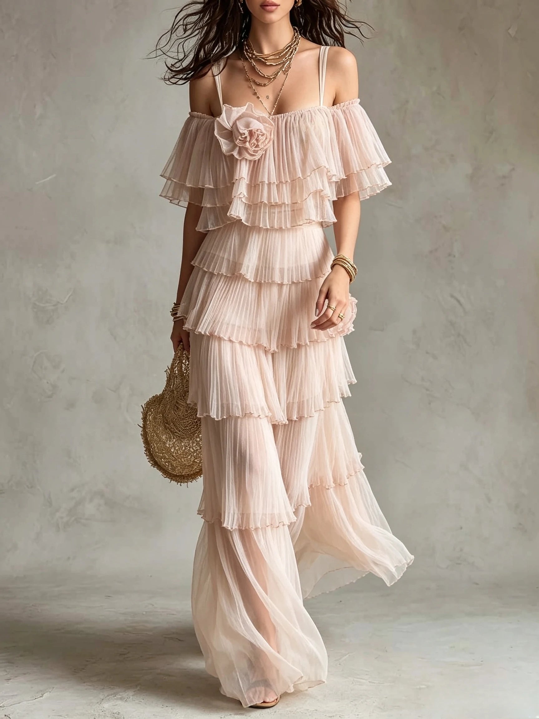 Cold Shoulder Tiered Ruffle Maxi Dress With Flower