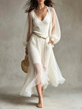 Knit Cami With Sheer Cardigan And Pleated Skirt Set