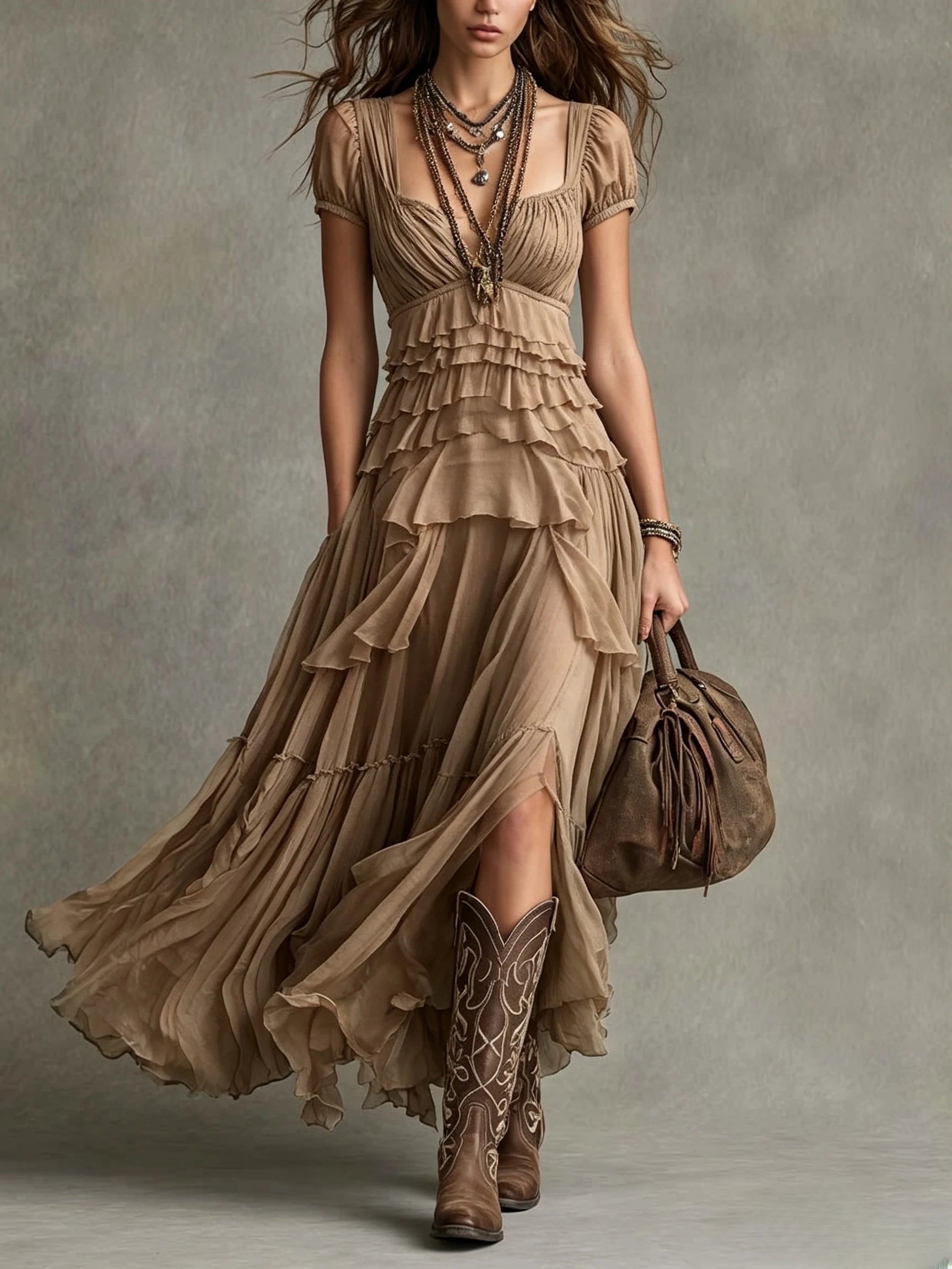 Square Neck Ruffled Tiered Midi Dress