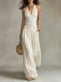 Halter Wrap Top And Draped Wide-Leg Pants Set