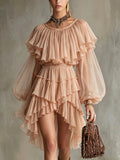 Sheer Balloon Sleeve Ruffled Mini Dress