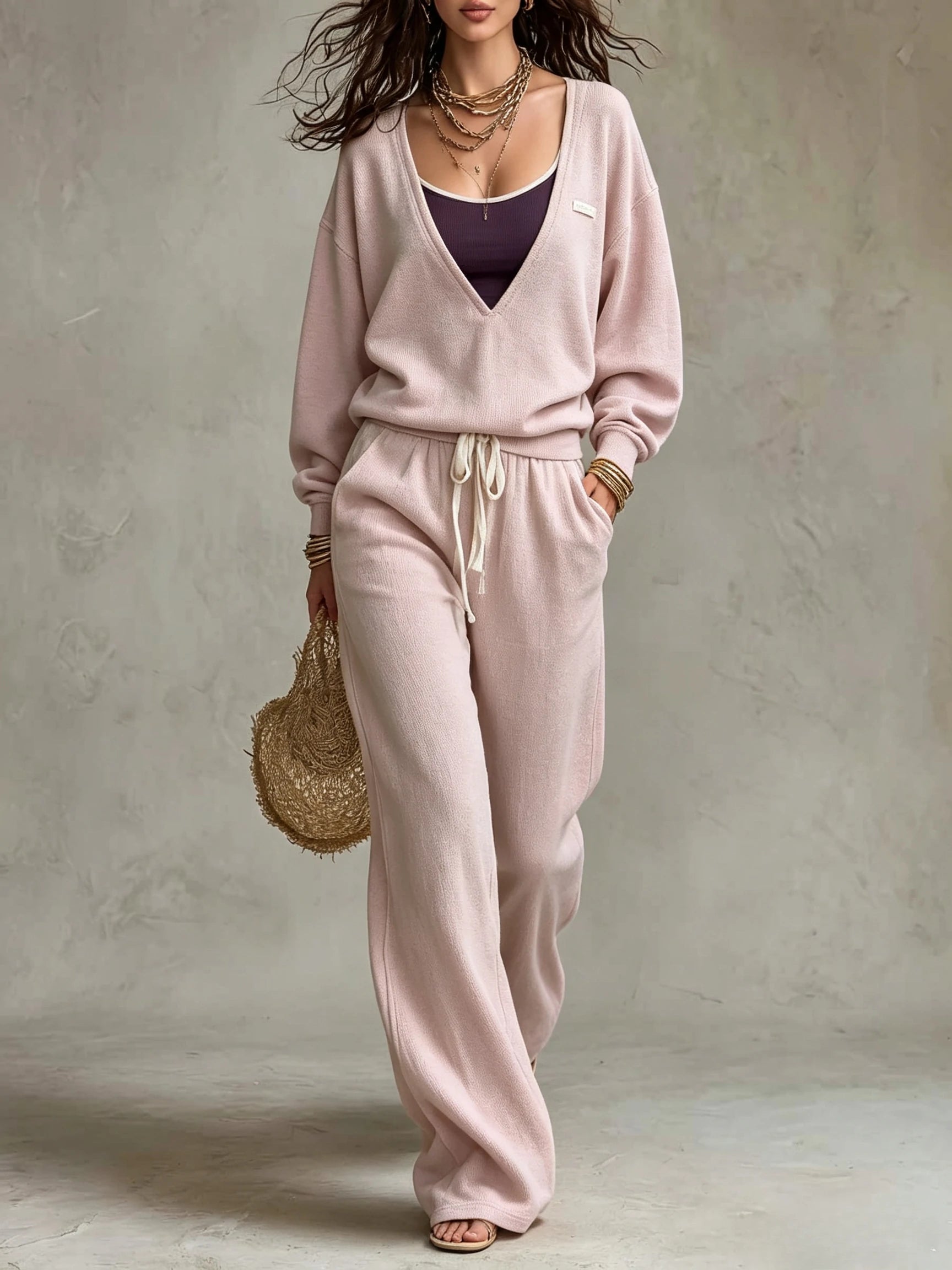 Oversized V-Neck Sweater And Jogger Pants Set
