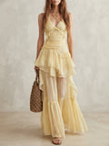 Halter Ruched Layered Ruffle Maxi Dress