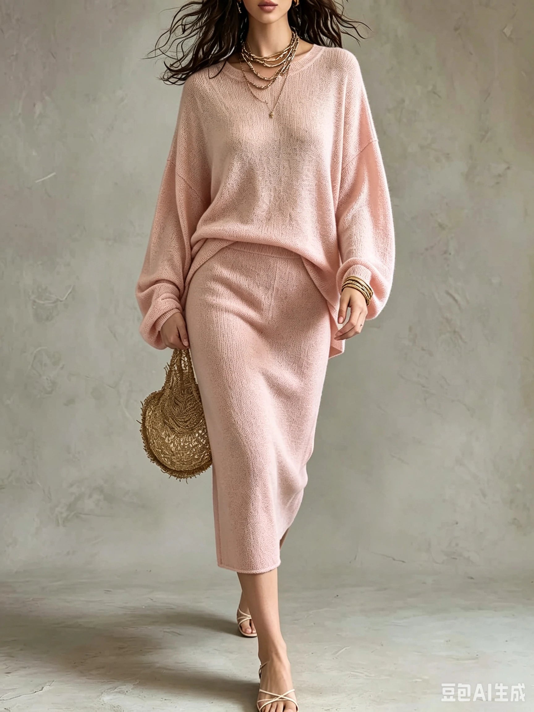 Relaxed Round Neck Sweater And Midi Skirt Set