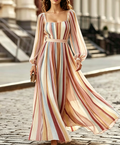 Square Neck Sheer Stripe Balloon Sleeve Maxi Dress