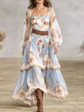 Geometric Print Sheer Sleeve Tiered Maxi Dress