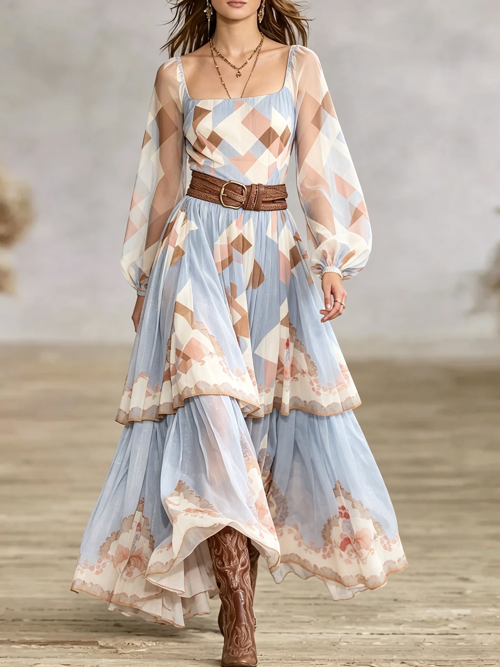 Geometric Print Sheer Sleeve Tiered Maxi Dress