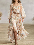 Floral Paisley Ruffle Asymmetric High-Low Maxi Dress