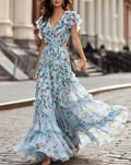 Floral Print Deep V-Neck Cascading Ruffle Maxi Dress