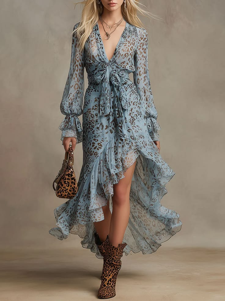 Sheer Leopard Print Twist Front Ruffled High Slit Dress