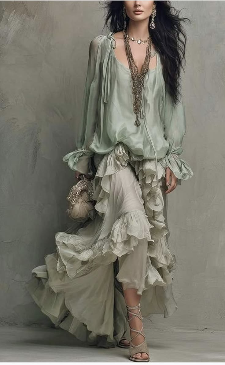 Sheer Tie-Shoulder Blouse And Layered Ruffle Skirt Set