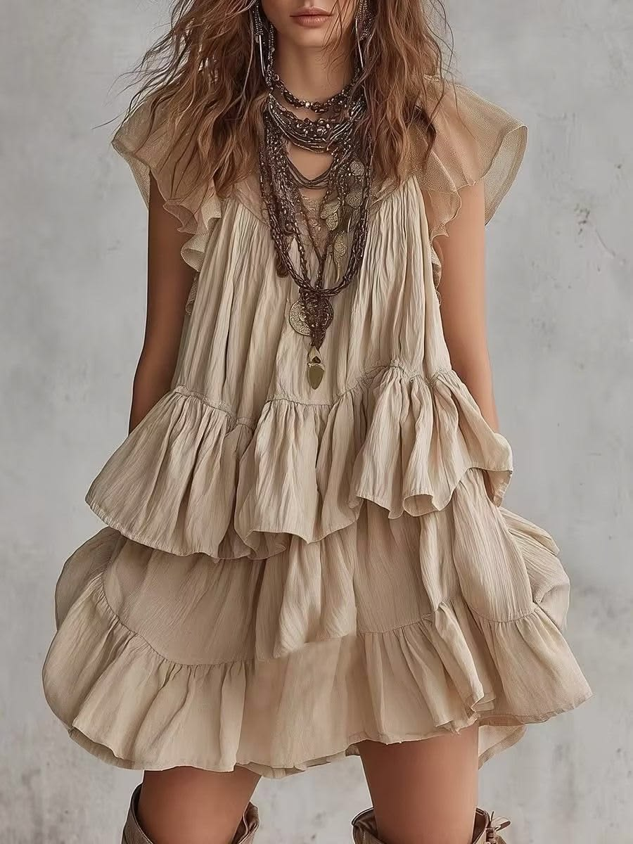 Flutter Sleeve Pleated Tiered Ruffle Mini Dress