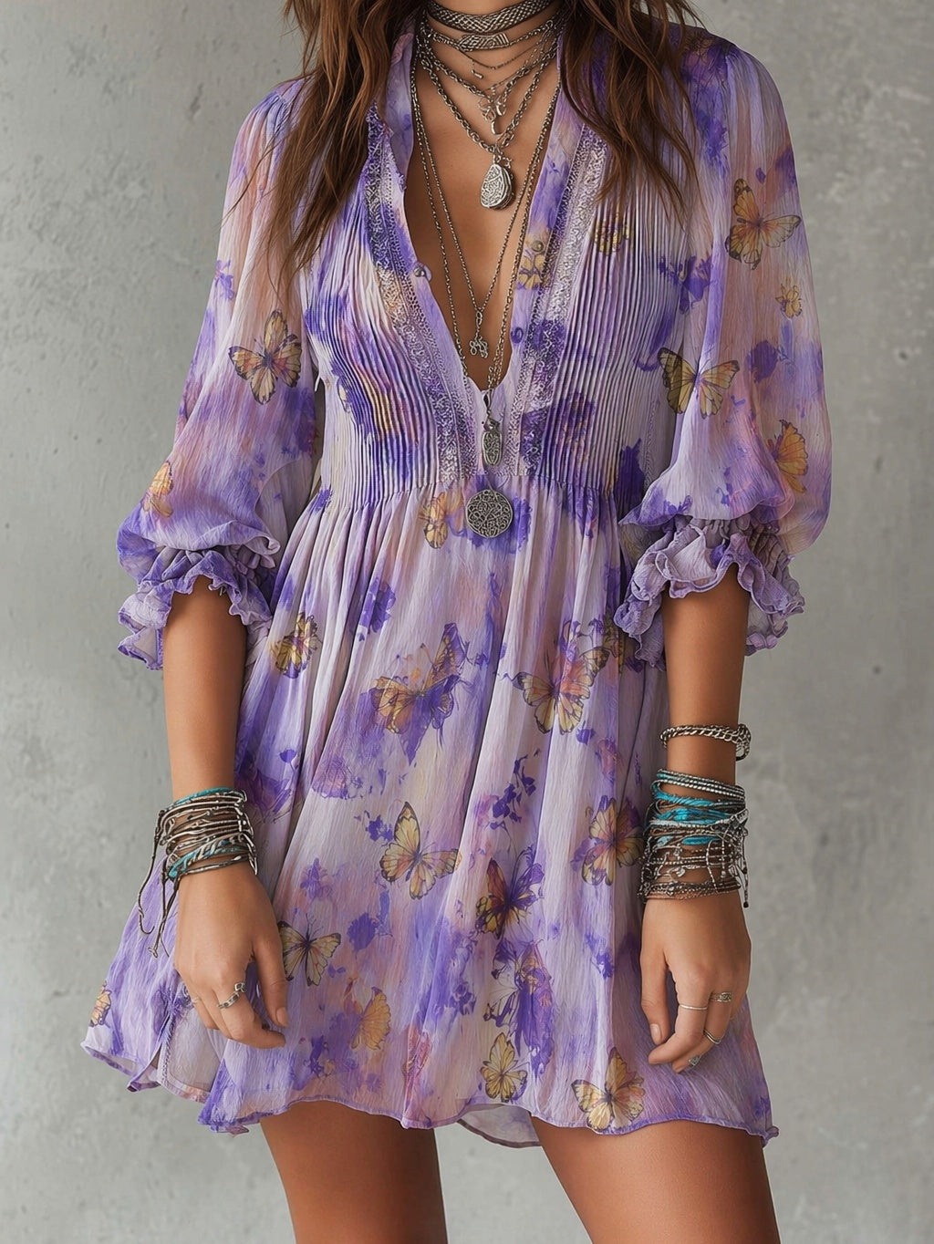 Butterfly Print Pleated V-Neck Mini Dress