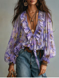 Butterfly Print Ruffle Neck Balloon Sleeve Blouse