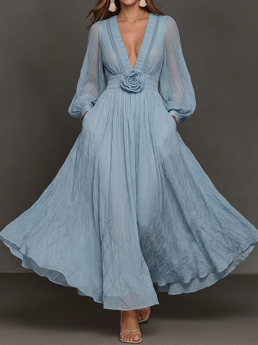 Dusty Blue Deep V-Neck Floral Applique Maxi Dress
