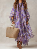Butterfly Print Loose Fit Sheer Tiered Maxi Dress